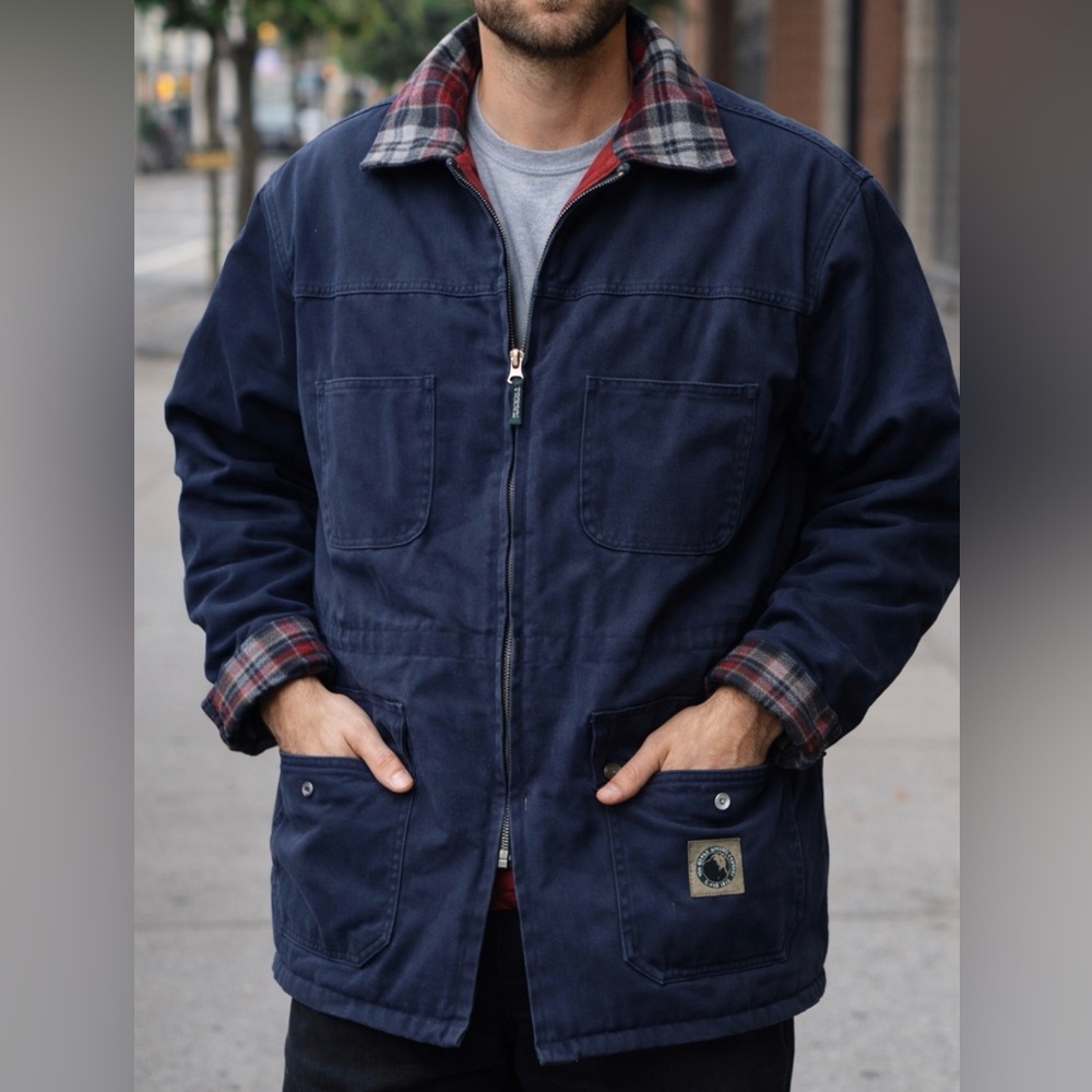 Berne Canvas Work Jacket Men’s L Flannel Lined Navy Chore Coat Insulated Vintage